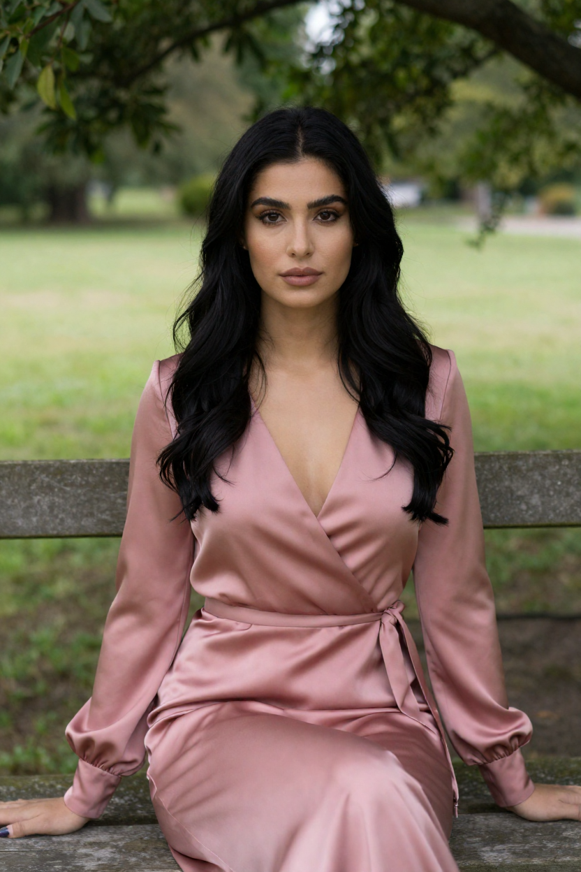 Fictional 29-year-old woman, long black hair in loose waves over both shoulders, strong cheekbones, dark eyes